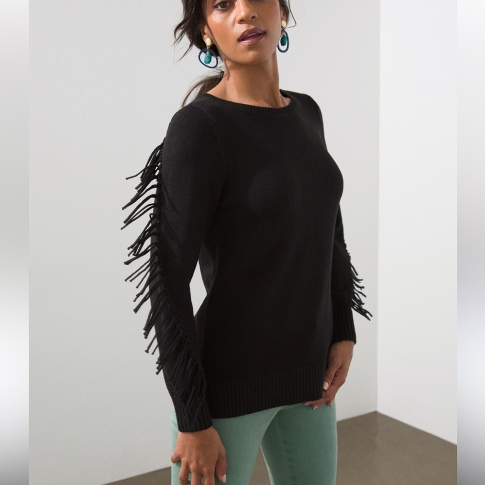 YOANA BARASCHI Black Fringe Sleeve Wool Cashmere‎ Crew Neck Sweater